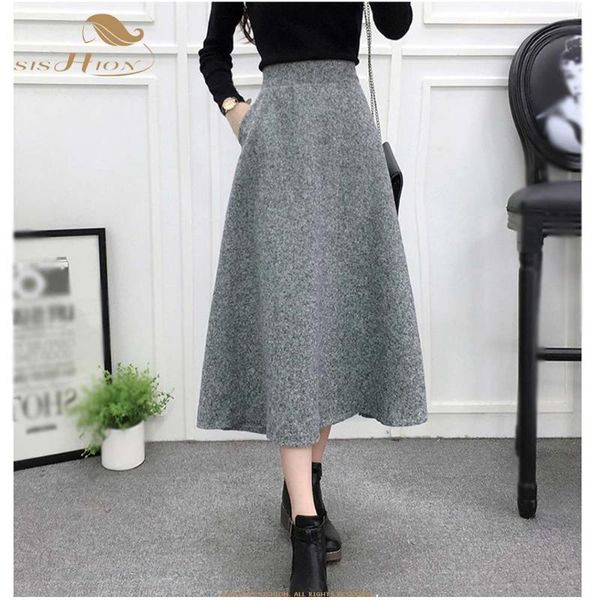 

skirts sishion wool blends winter skirt autumn women warm korean lady elegant high waist girls swing long for femme vd0904, Black