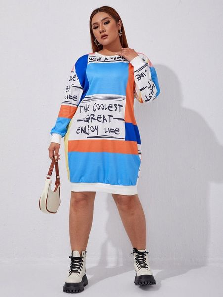 

plus slogan graphic colorblock drop shoulder sweatshirt dress o4sq#, Black