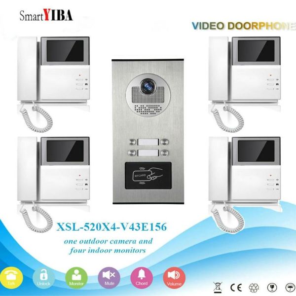 

smartyiba wired 4.3"lcd video door phone intercom system doorbell night vision camera rfid keyfob 4unit apartment phones