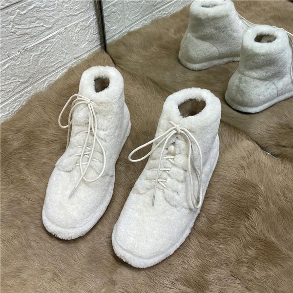 

boots deat 2021 autumn and winter fashion casual round toe solid color lace up short tube plush cotton snow shoes women sg237, Black