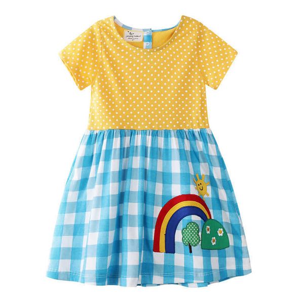 Metri di salto Abiti da festa per ragazze vestiti per bambini vestiti estivi in cotone arcobaleno applique moda bambini indumento abiti per bambini 210529