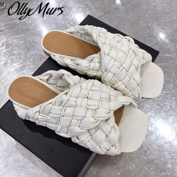 

ollymurs weave slippers women mules shoes women real leather luxury shoes designers flat slides fashion gladiator, Black