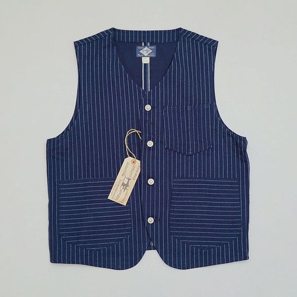 

men's vests wabash stripe work vest vintage 1920s indigo blue men's denim jacket, Black;white