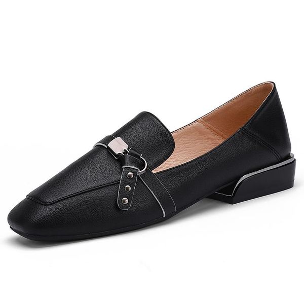 

dress shoes fashion flat for women flats low wooden heel ballet square toe shallow buckle brand zapatos de mujer, Black