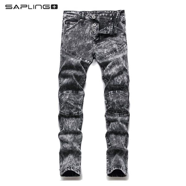 

men's jeans s denim trousers black stretch snow washed gray trendy buttons slim straight biker pants jean, Blue