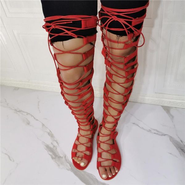 Sandalen Rotes Wildleder Flache lässige Sommerschuhe für Frauen 2021 Sandalenstiefel Ausschnitte Schnür-Gladiator-Sandalen über dem Knie Große Größe 45