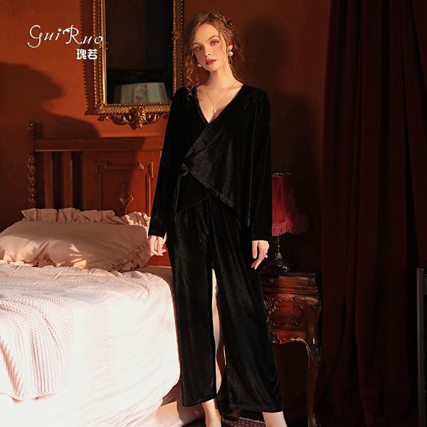 

spring guiruo fun and underwear summer new velvet deep v lace up pajamas pants home suit 589, Black;red