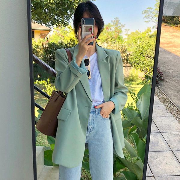 

autumn women solid suit women's loose casual blazers jacket female fashion sweet green coat korean clothing suits &, White;black