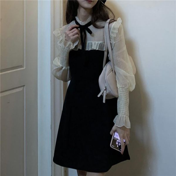 

casual dresses fonely fairy preppy autumn style delicate girlish stitched slim dress, Black;gray