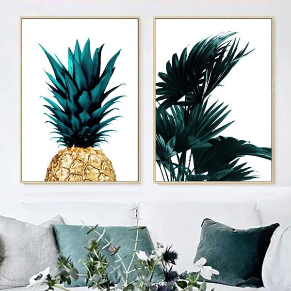 

paintings golden pineapple green palm leaf nordic posters and prints mural art canvas painting living room bedroom decoration