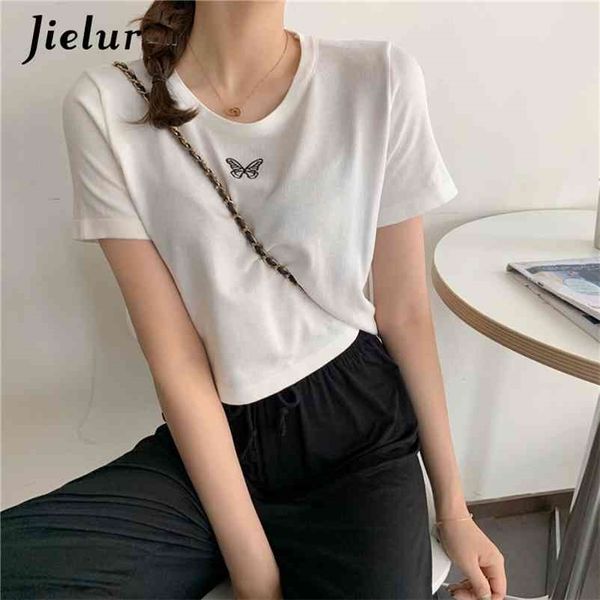 

summer o-neck knitted short t-shirt embroidery sleeve t shirt women elastic tee black slim basic chic korean tshirt 210426, White