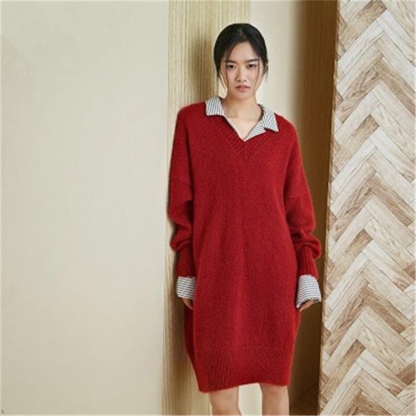 

women's sweaters 100% hand made wool knit women streetwwear vneck solid h-straight long slim pullover sweater one&over size, White;black