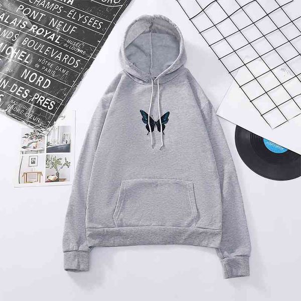 

cooeverly oversized hoodies women harajuku hooded butterfly printed colorful casual print long sleeve blouse pullover, Black