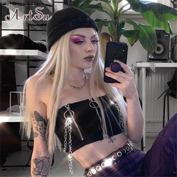 

2020 summer punk gothic tube cami zipper chains wrap bralette crop off shoulder streetwear black asve20953, White