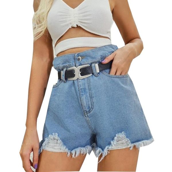 

high waist denim shorts for women 2021 casual summer fringed zipper jeans blue skinny ripped pants women's