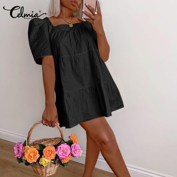 

dresses women square collar mini dress celmia 2021 summer bohemian short sleeve sundress casual loose solid streetwear vestidos 5xl, Black;gray