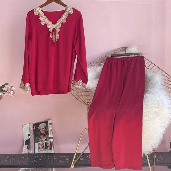 

women's sleepwear lace v-neck pajamas suit long sleeve casual intimate lingerie satin lady home clothing spring autumn pyjamas z1e, Black;red
