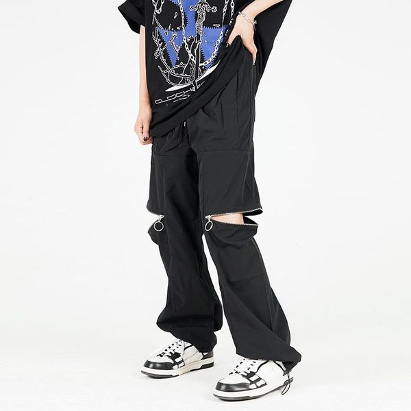 

men's pants knee zipper detachable oversize overalls men and women high street drawstring solid straight cargo loose casual trousers, Black