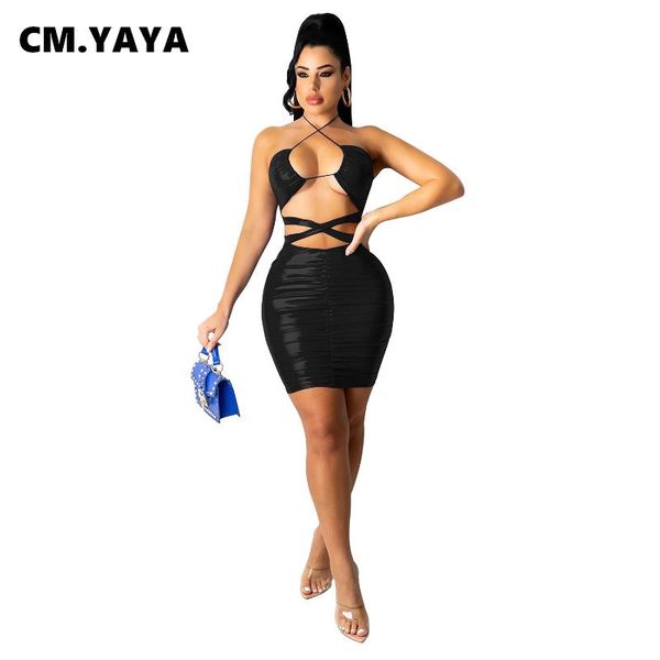 

casual dresses cm.yaya women pu dress faux leather sleeveless bandage halter hollow out bodycon mini night clubwear summer outfits, Black;gray