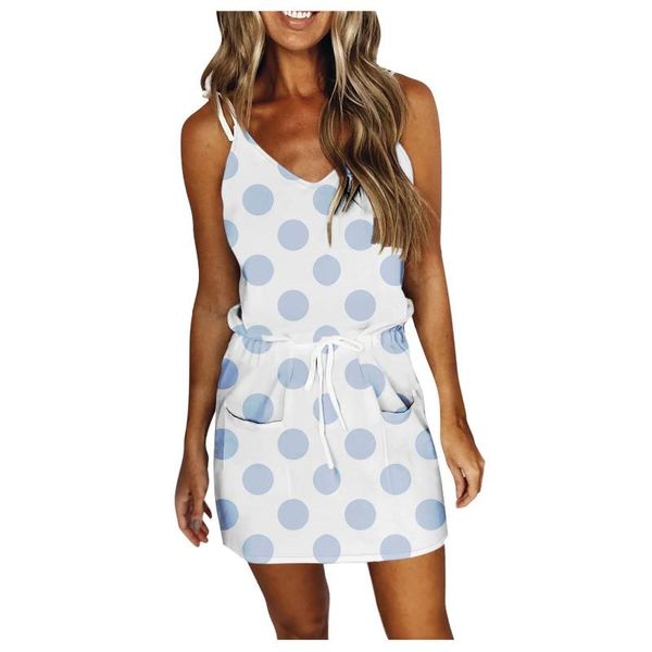 

casual dresses dot print dress women v-neck sleeveless loose pocket mini spaghetti strap bandage short jurken #g2, Black;gray