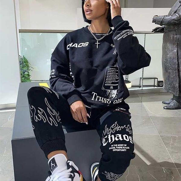 

haoohu letter print loose 2 two piece set women outfit streetwear tracksuit sweatshirt +joggers pants matching 211105, White