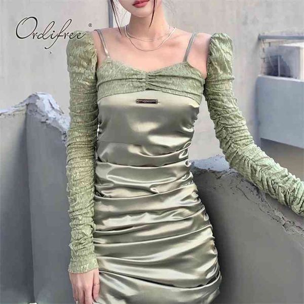 

summer women party dress long sleeve green print bodycon satin draped mini 210513, Black;gray