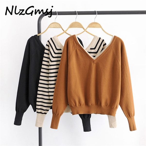 

ladies knitted sweater womens striped pullovers autumn winter v neck patchwork jumper soft knitwear 210628, White;black