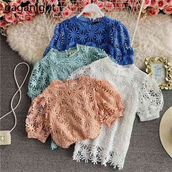 

french vintage korean puff sleeve o-neck hollow out summer sweet short blouses solid lace blusas office lady 210601, White