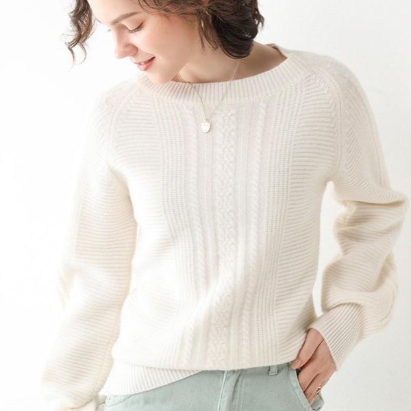 

round-necked sweater women's autumn/winter 2021 heavy plus-thick cashmere knitted wool show thin winch bottoms tide. two piece pants, White