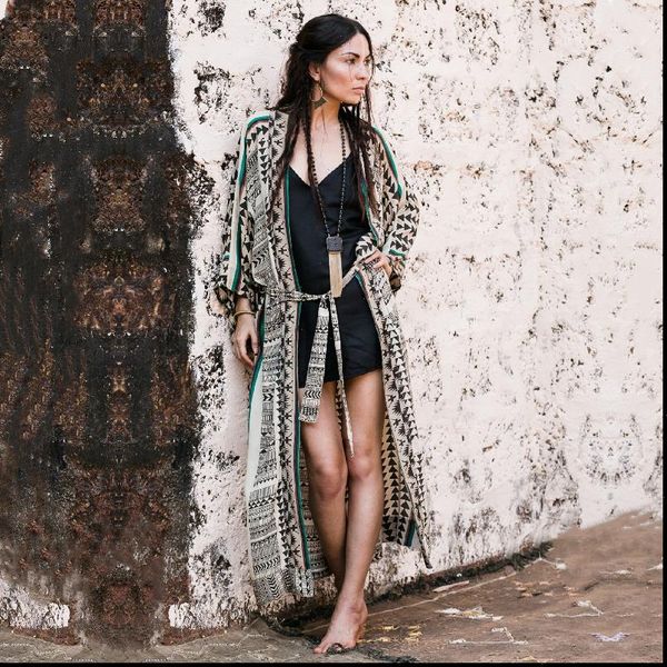 

geometric striped self belted long women blouses kimono plus size beach tunic fashion clothes casual and n1086, White