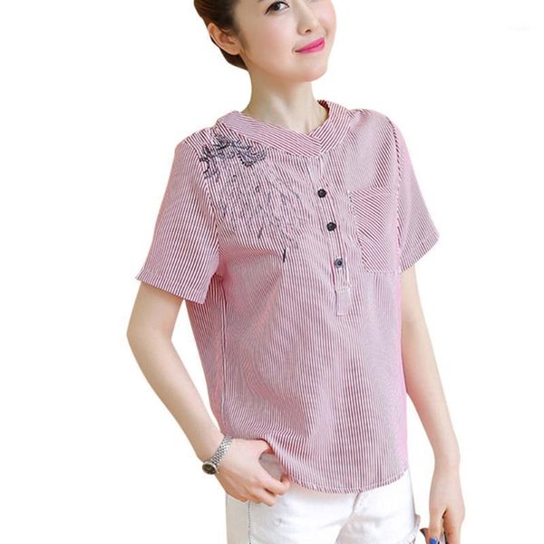 

women lady embroidery stripe short sleeve round collar shirt blouse for summer 88 women's blouses & shirts, White