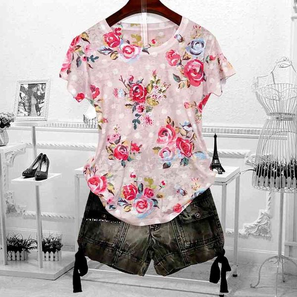 

women's t-shirt drilling floral print pink t shirt women 4xl 2021 summer short sleeve graphic tees modis t loose tee femme 0g8, White