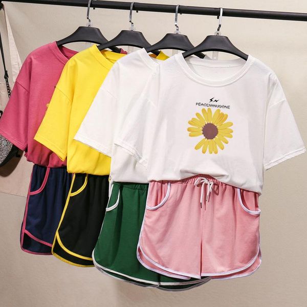 

running sets korean summer students sports suit t-shirt wide legs short pants fashion small flower gym set sweet smile pattern, Black;blue