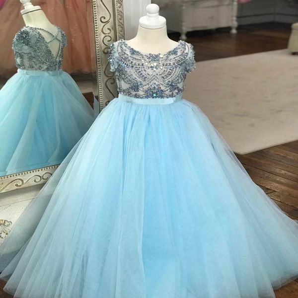 

vintage light baby blue toddler infant girls pageant dresses ball gown rhinestones 2022 crystal organza tulle long kids teens little girl pa, White;red