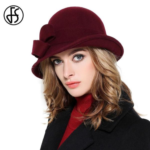 

stingy brim hats fs wool felt bowler fedora hat for women elegant ladies vintage wide winter cloche with bowknot wine red cap, Blue;gray