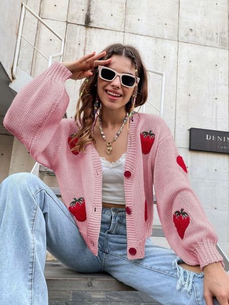 

single breasted strawberry pattern cardigan 31t0#, White