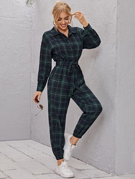 

collared buttoned front self belted plaid jumpsuit e9dp#, White