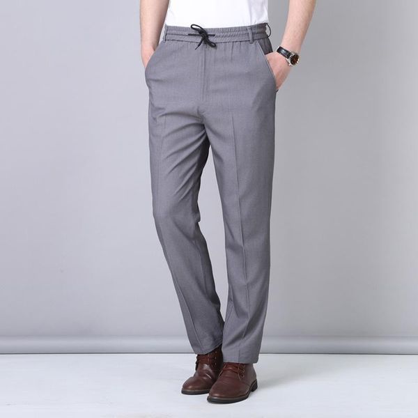 

men's pants casual fitness straight polyester blends long trousers plus size 2021 summer elastic waist light grey slacks, Black
