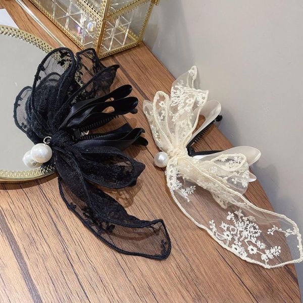 

hair clips elegant girls lace korean pearl women banana clip bow hairpin ponytail holder vertical