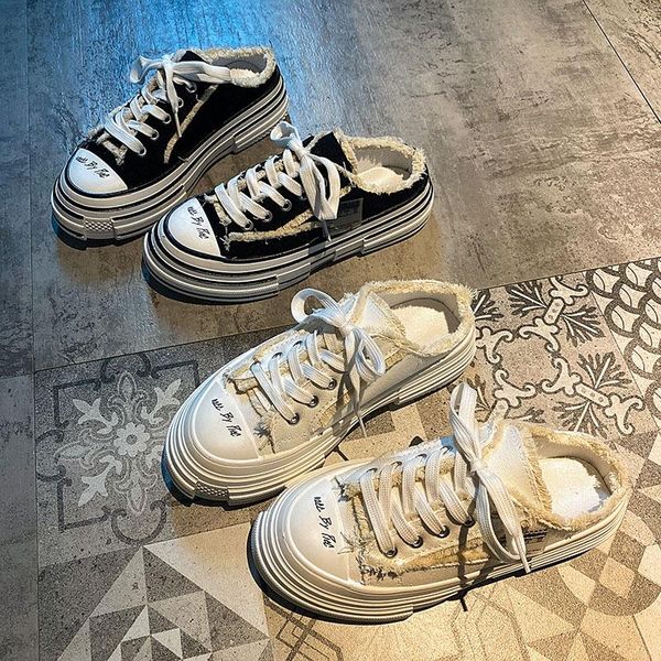 

slippers ins thicken soled mules women platform sandals cross-tied beggar cover toe slides mujer muffins canvas shoes woman 2021, Black