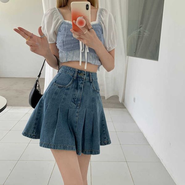 

spring korean and summer denim skirt women's high waist thin a-line pleated, Black