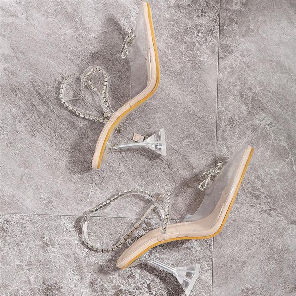 

summer women pointed toe pvc transperant crystal sandals designer .5cm high heels slingback cinderella wedding shoes, Black