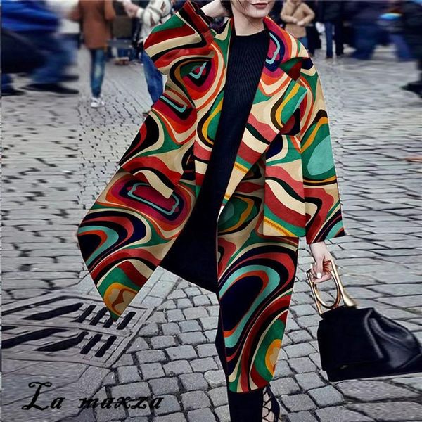 

women's wool & blends winter coat large loose fashion lapel print long sleeve pocket jacket woman coats and jackets, Black