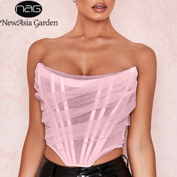 

newasia boning mesh corset women slash neck backless ruched summer crop pink strapless tank lavender cropped 210319, Black