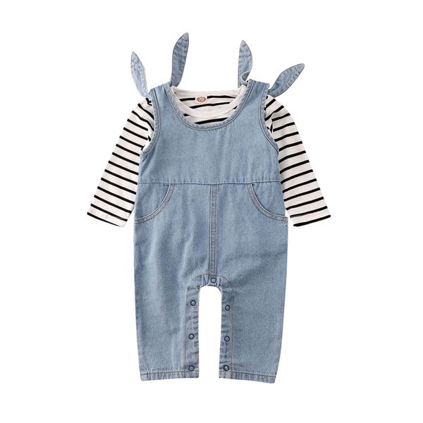 

newborn toddler baby boy girl clothes sets long sleeve striped cotton denim bib pants outfits set 0-18m, White