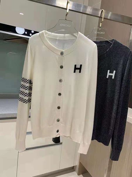 

europe station cashmere cardigan women's loose h-letter jacquard thin knitted jacket slim round neck sweater, White;black