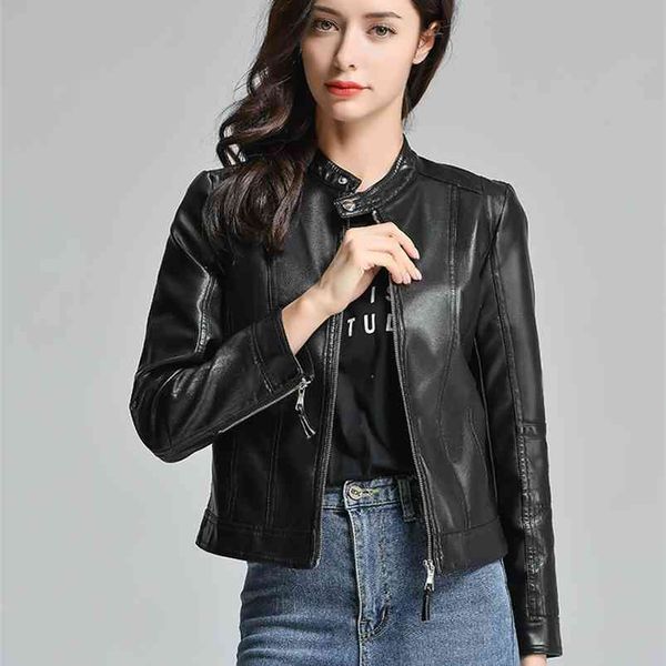 Frauen Faux Lederjacke Einfache Straße Outwear PU Biker Mantel Rundhals Rosa Bomber Motorrad Weiblich 210430