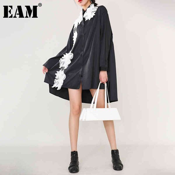 

[eam] women black floral decoration big size blouse lapel long sleeve loose shirt fashion spring autumn 1dd481001 210512, White