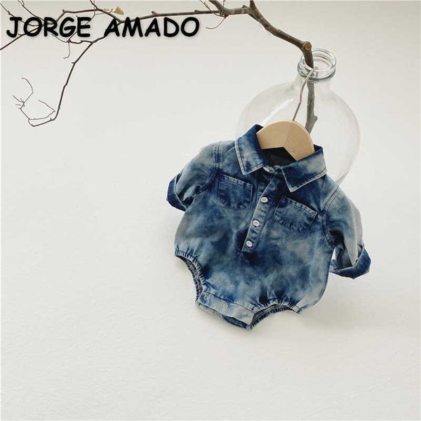 

spring korean style baby girl boy bodysuit denim button up collar jumpsuit cute kids clothes e5027 210610, Blue