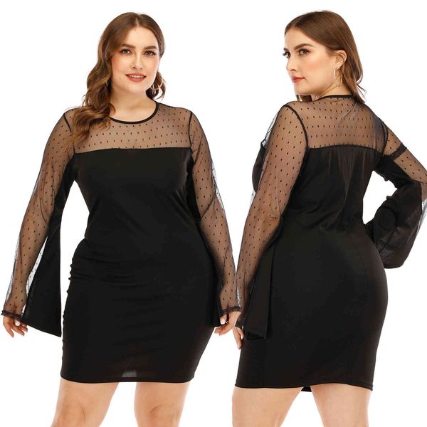 

women's plus size large perspective mesh stitching trumpet sleeve slim butto skirt short 191239